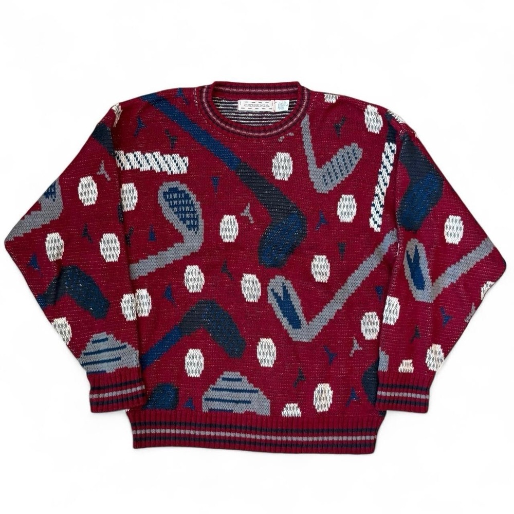 Vintage Crossings Golf All Over Print Knit Sweatshirt Made In USA Mens Large 90s